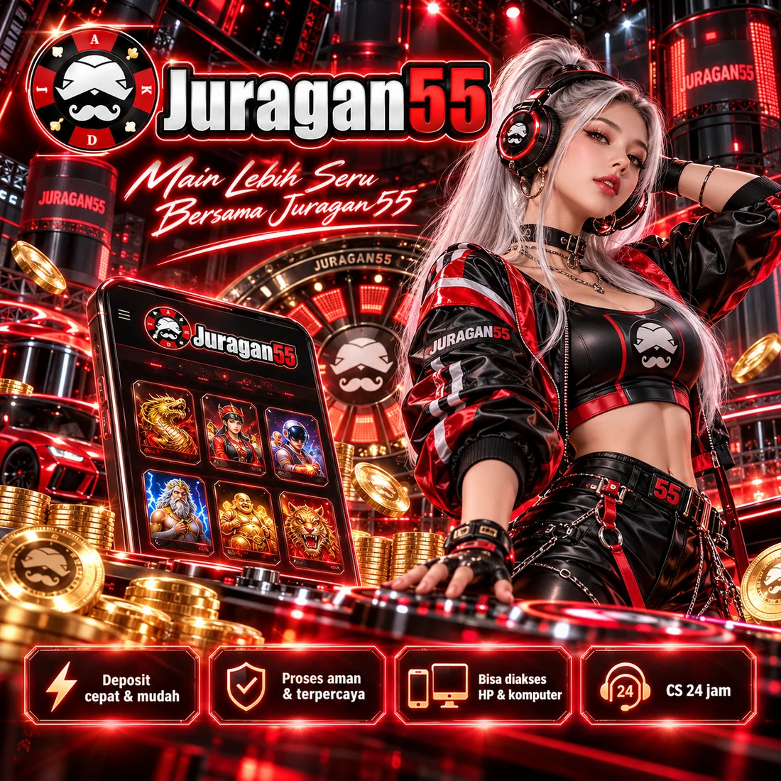 Banner JURAGAN55 Viral menampilkan tema merah dan hitam